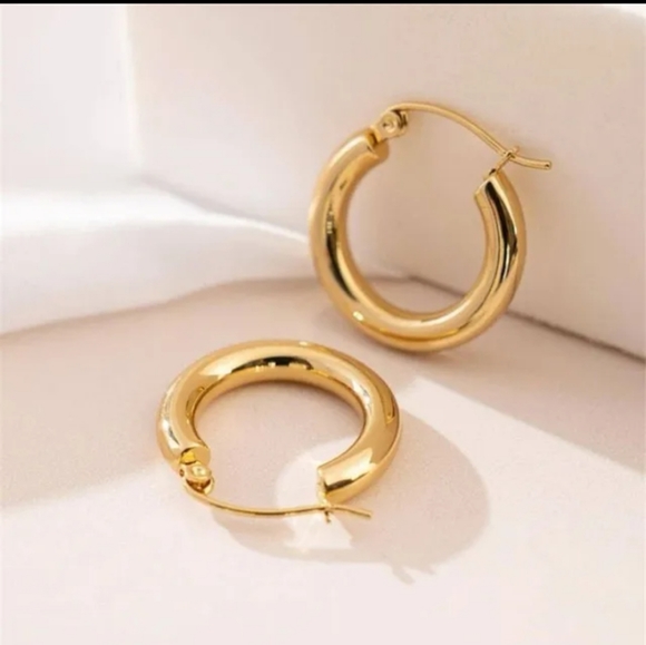 18k Gold plated Circle Earrings, Tube Hoop Earrings, Thick Hoops - Picture 5 of 5